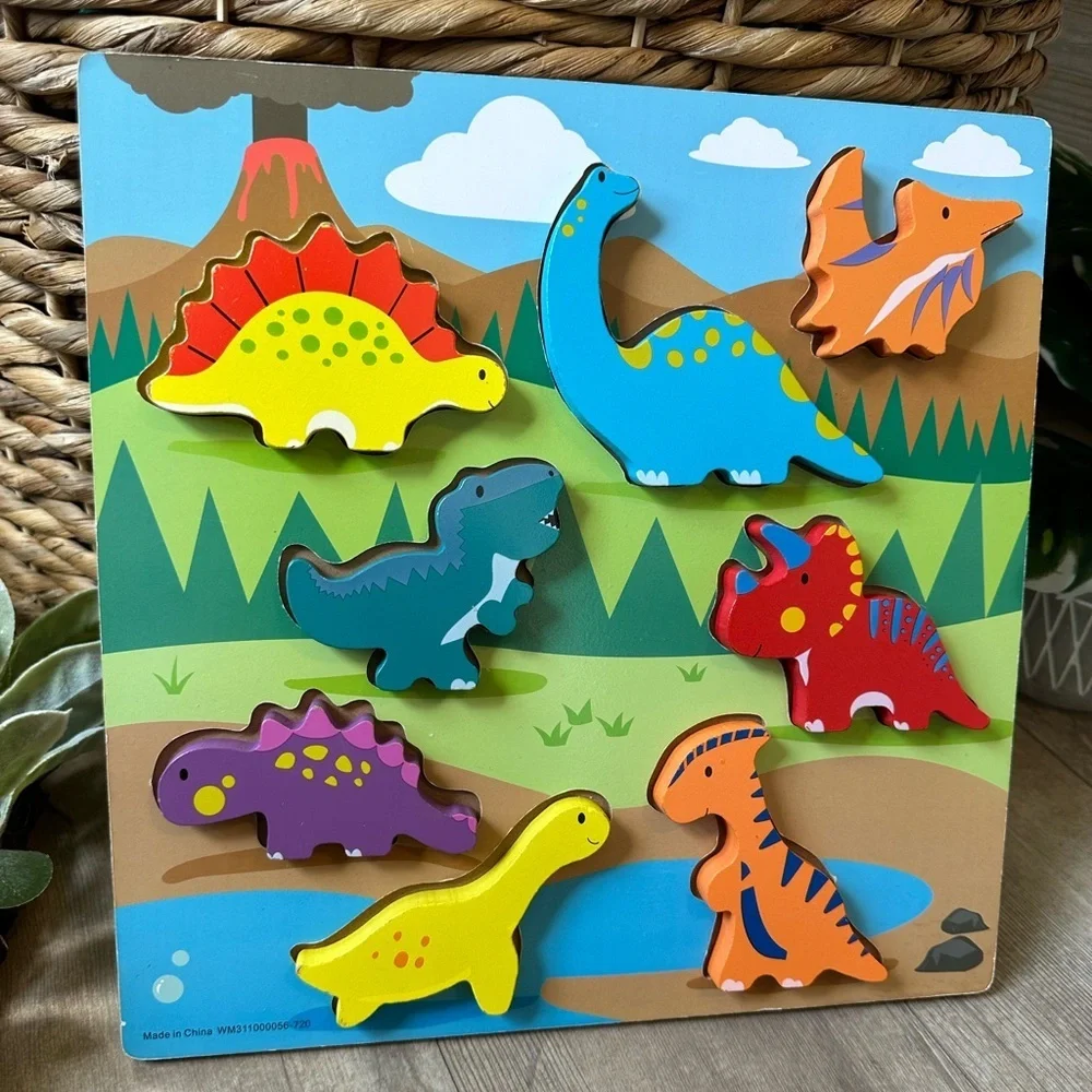 Dinosaur Wooden Puzzle for Kids Chunky Wood Colorful Dinosaurs
